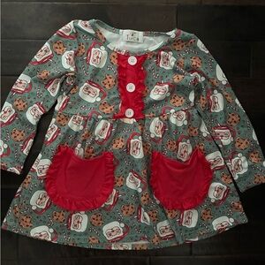TwoCAN Christmas Santa & Cookie Ruffle Pocket Tunic - Red & Sage Green